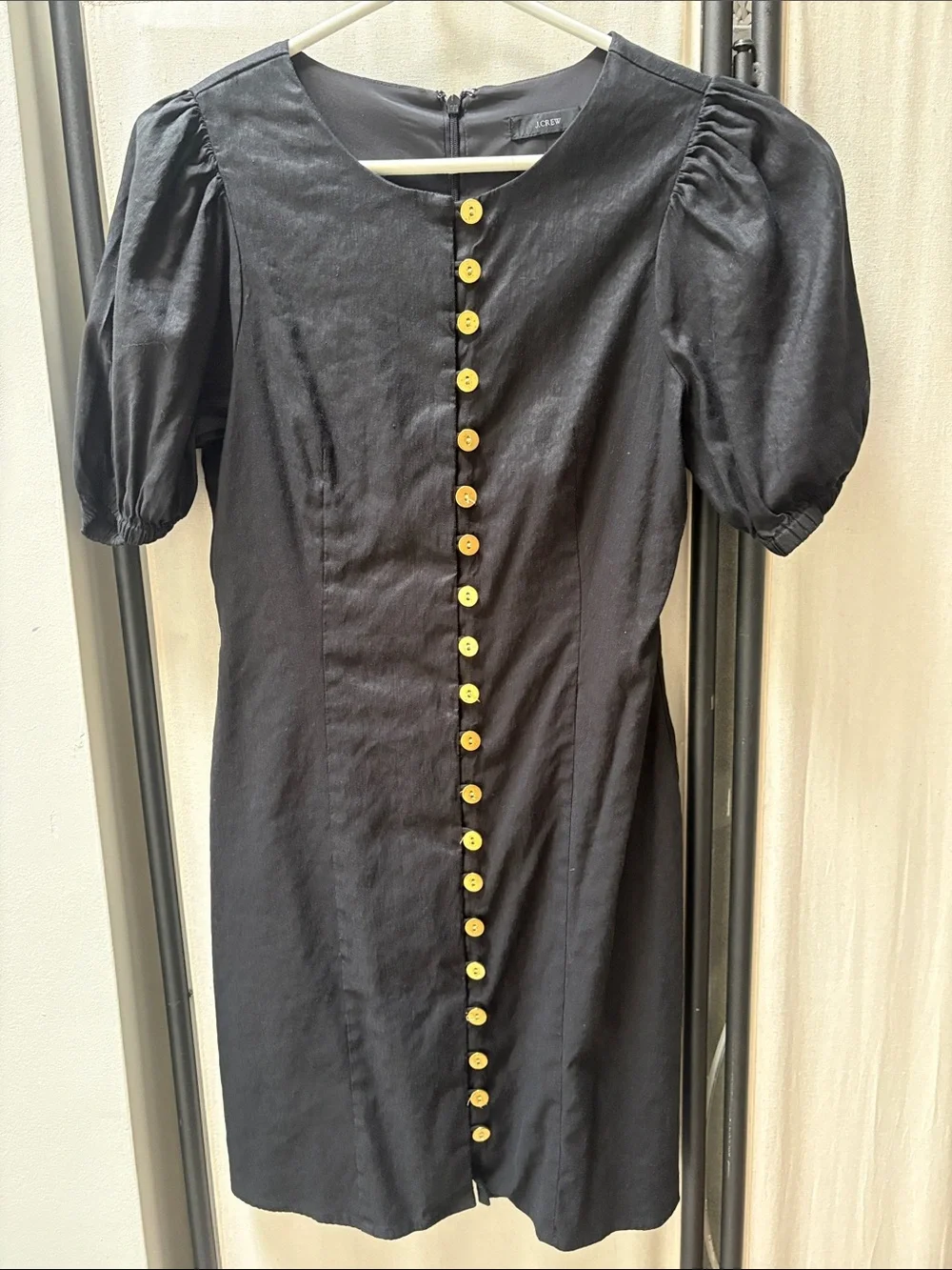 J. Crew Black Puff-Sleeve Button-Front Dress with Yellow Buttons